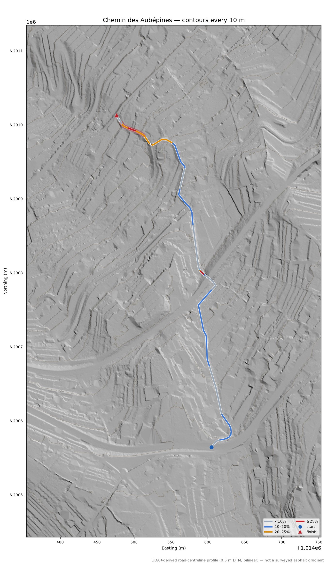 Chemin des Aubépines LiDAR hillshade map with contours