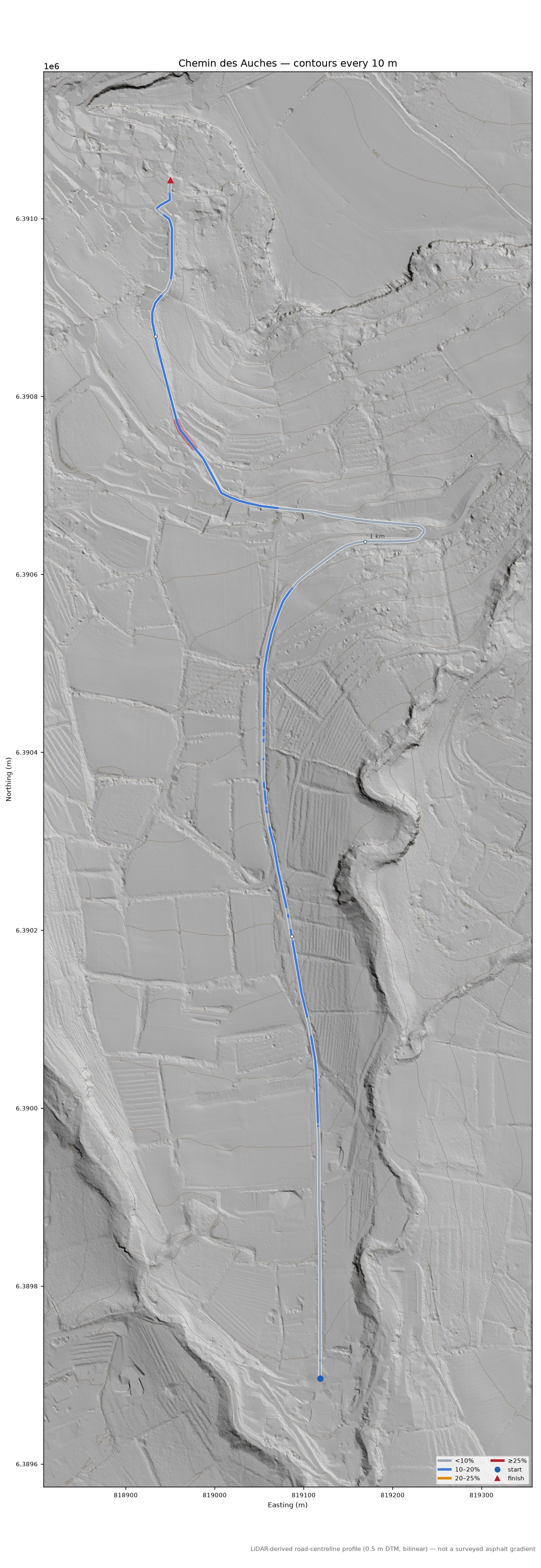 Chemin des Auches LiDAR hillshade map with contours
