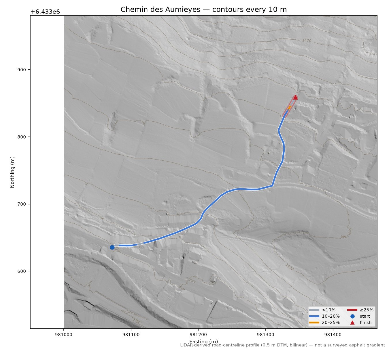 Chemin des Aumieyes LiDAR hillshade map with contours