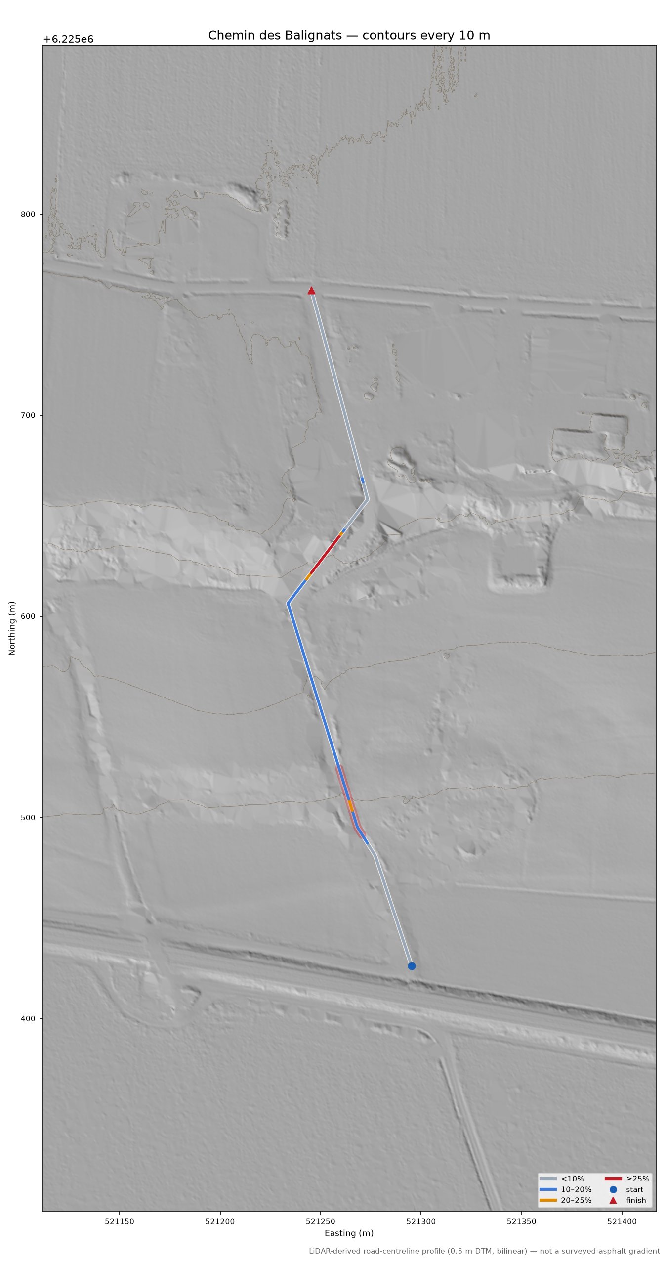 Chemin des Balignats LiDAR hillshade map with contours
