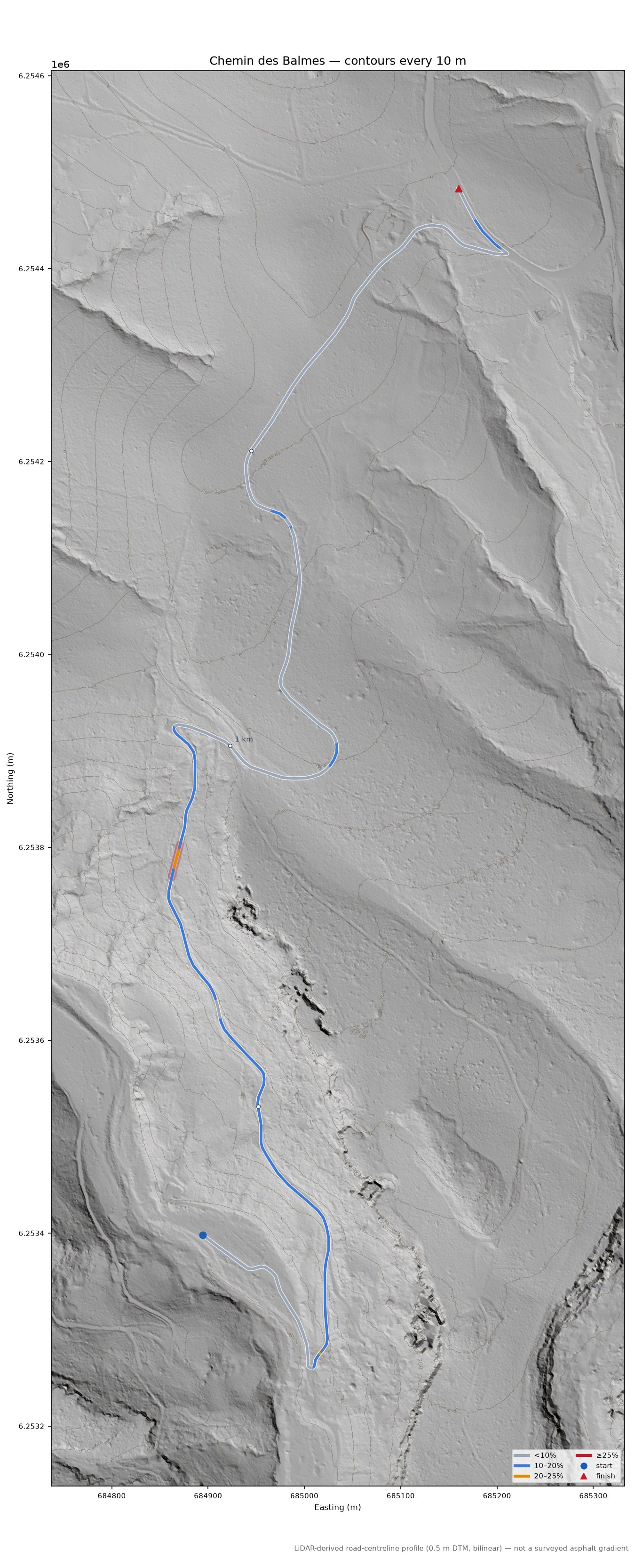 Chemin des Balmes LiDAR hillshade map with contours