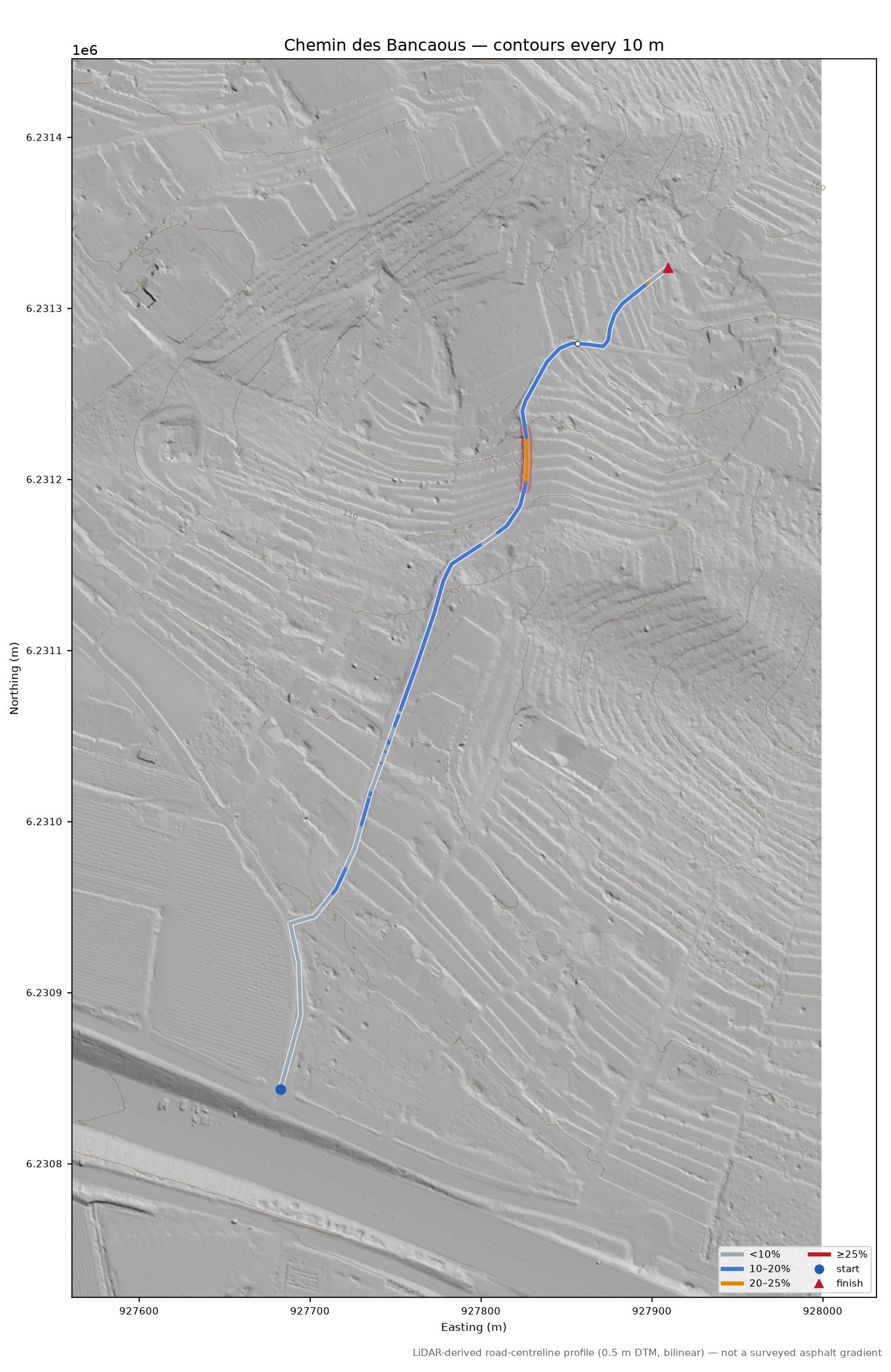 Chemin des Bancaous LiDAR hillshade map with contours