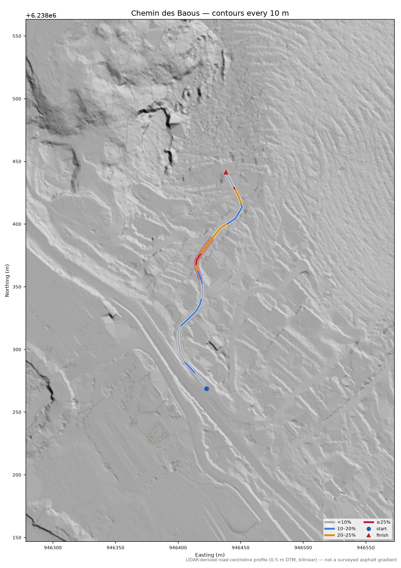 Chemin des Baous LiDAR hillshade map with contours