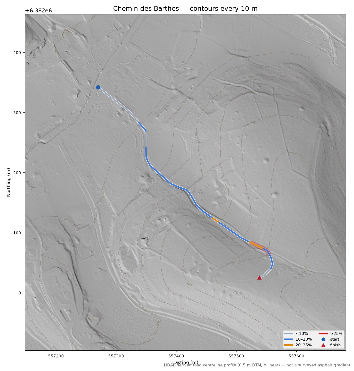 Chemin des Barthes LiDAR hillshade map with contours