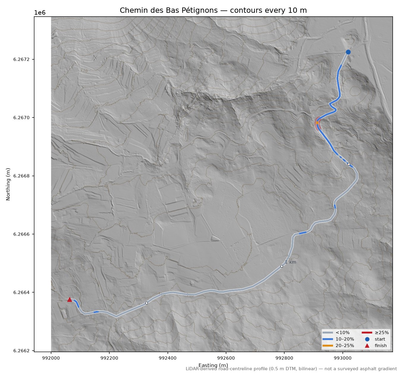 Chemin des Bas Pétignons LiDAR hillshade map with contours