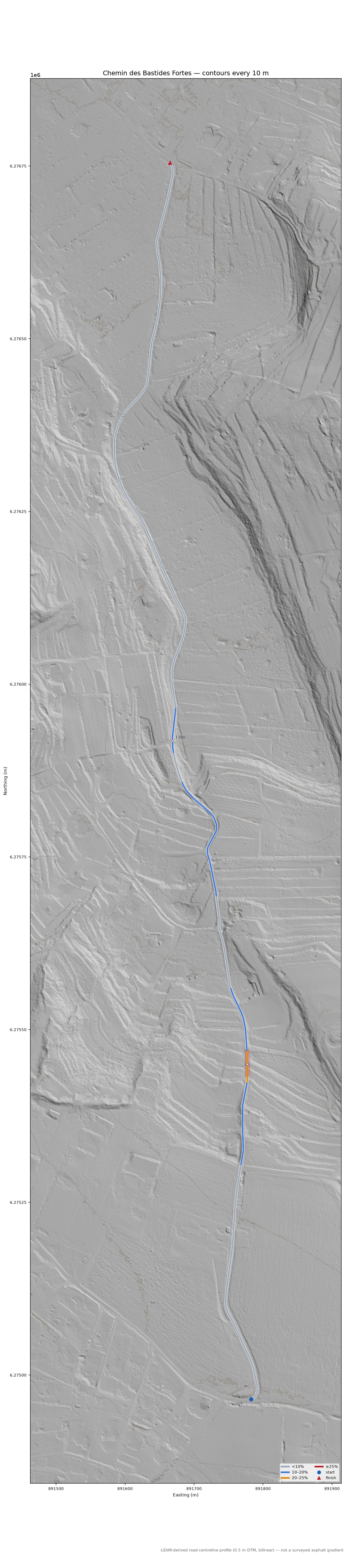 Chemin des Bastides Fortes LiDAR hillshade map with contours
