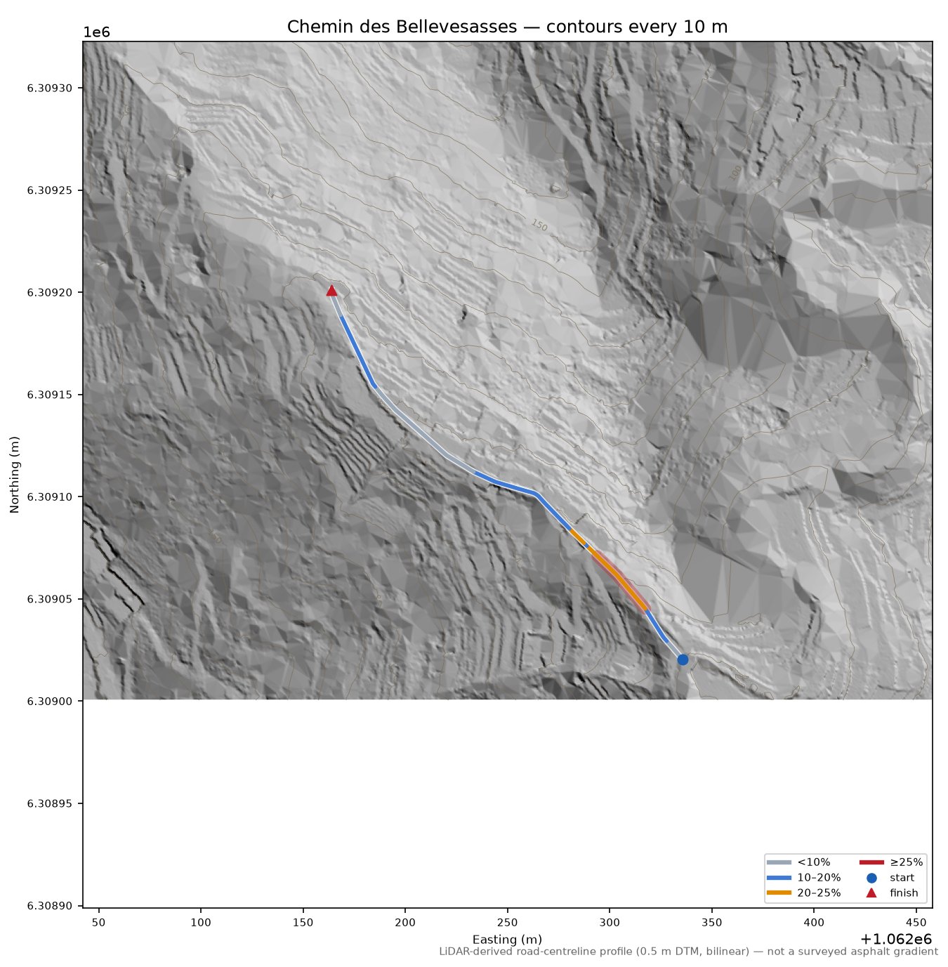 Chemin des Bellevesasses LiDAR hillshade map with contours