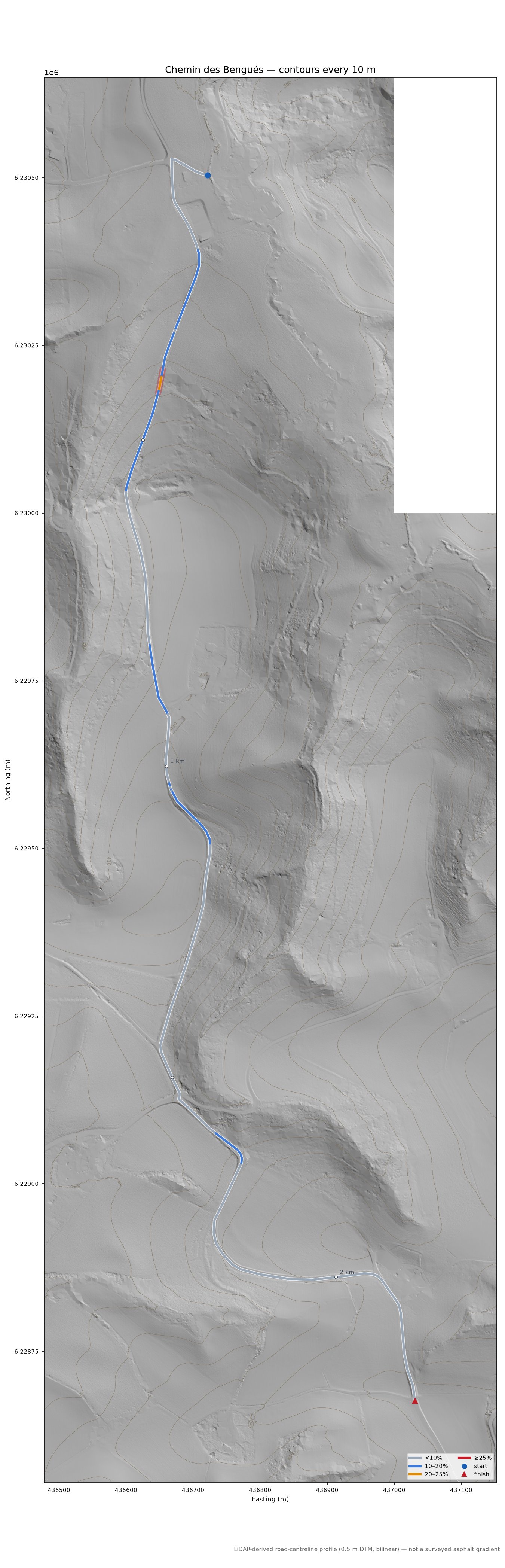 Chemin des Bengués LiDAR hillshade map with contours