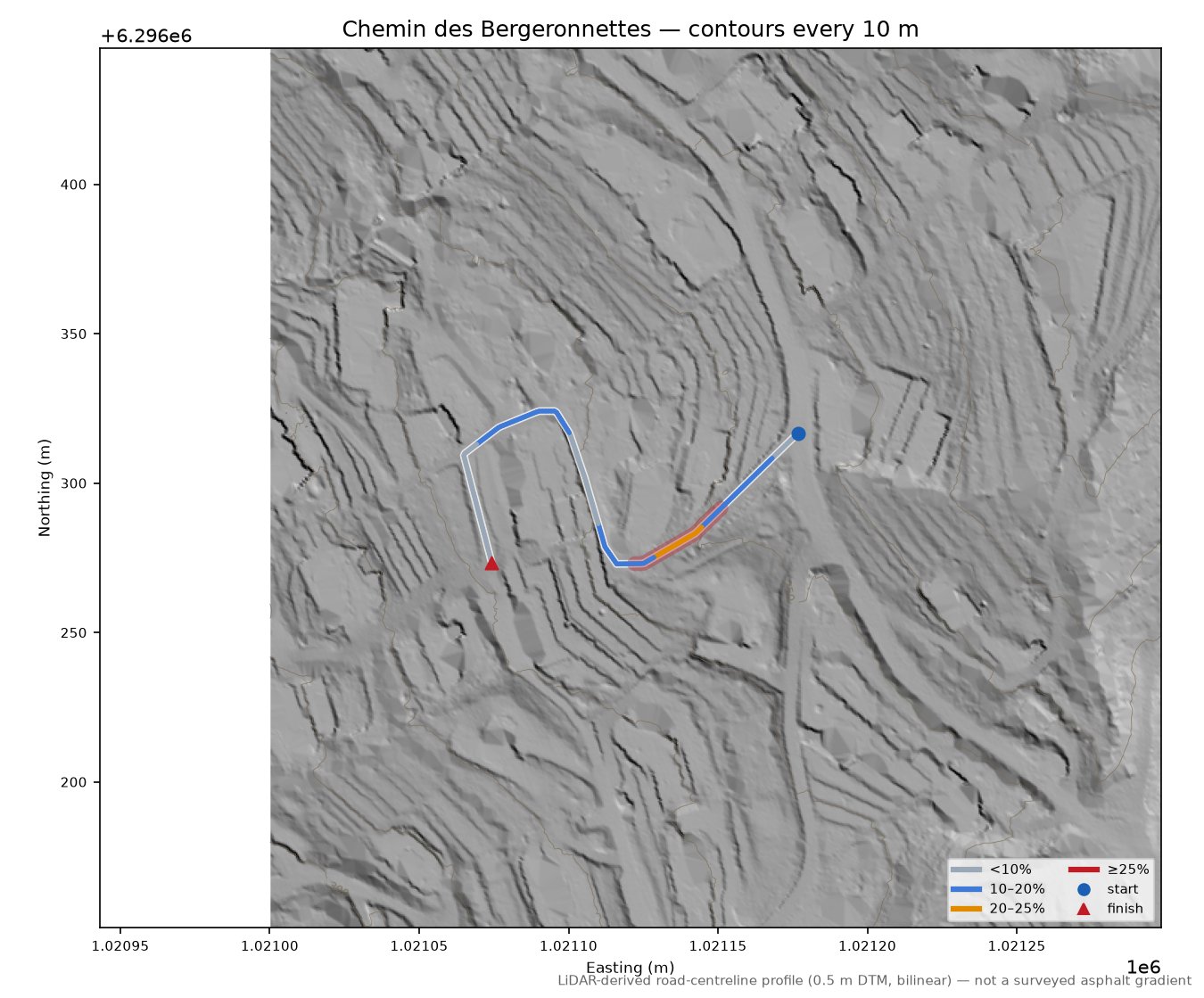 Chemin des Bergeronnettes LiDAR hillshade map with contours