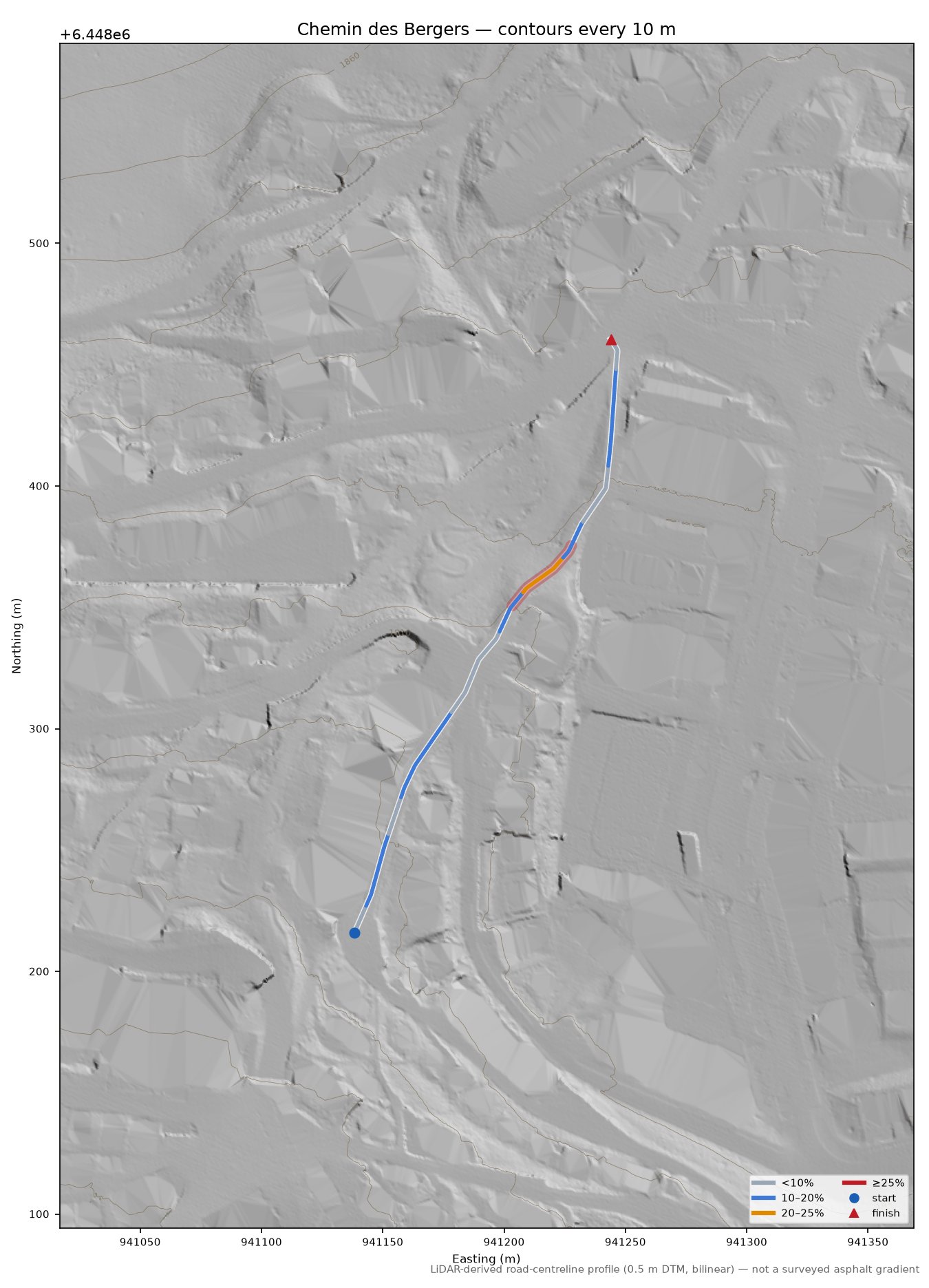 Chemin des Bergers LiDAR hillshade map with contours