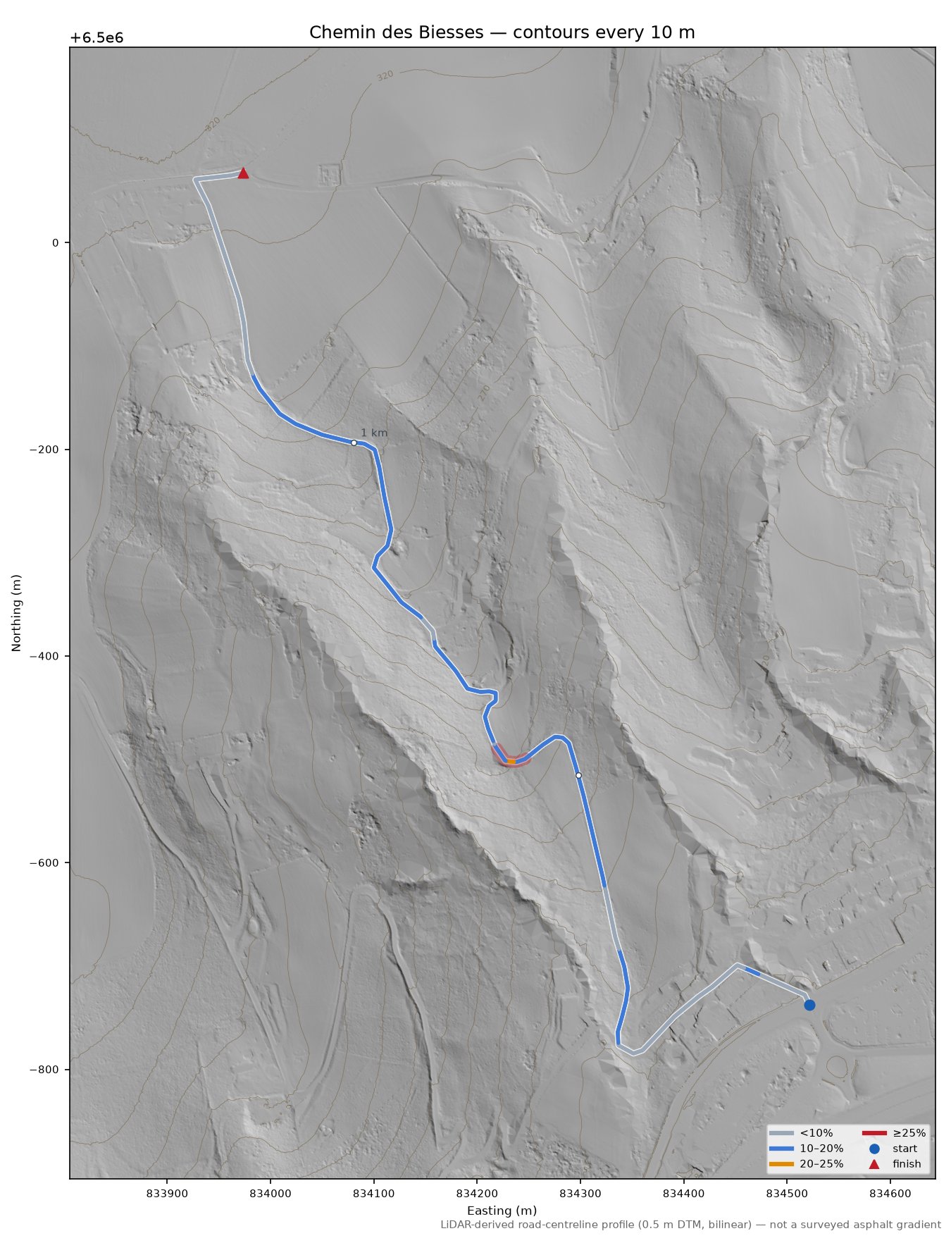 Chemin des Biesses LiDAR hillshade map with contours