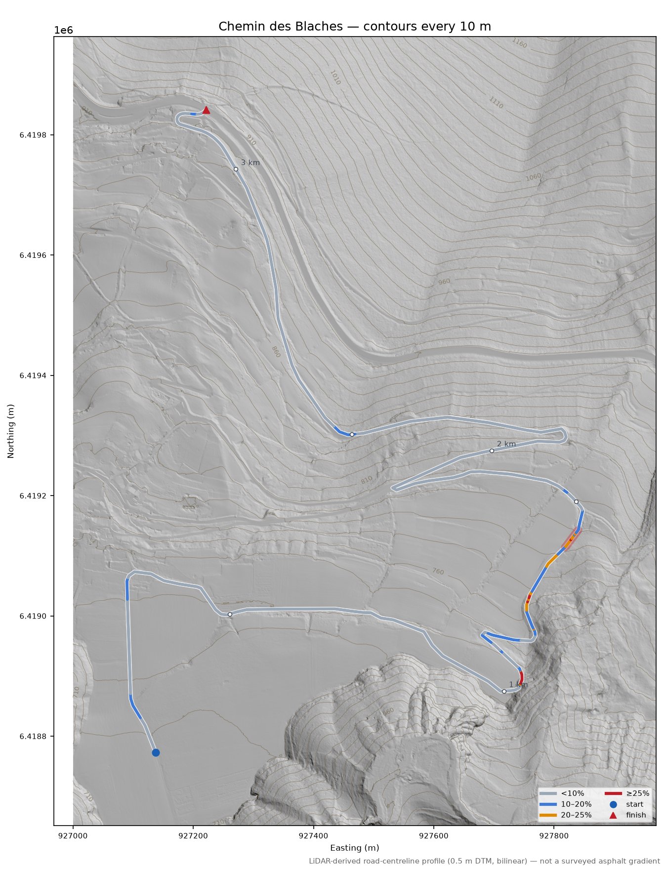 Chemin des Blaches LiDAR hillshade map with contours