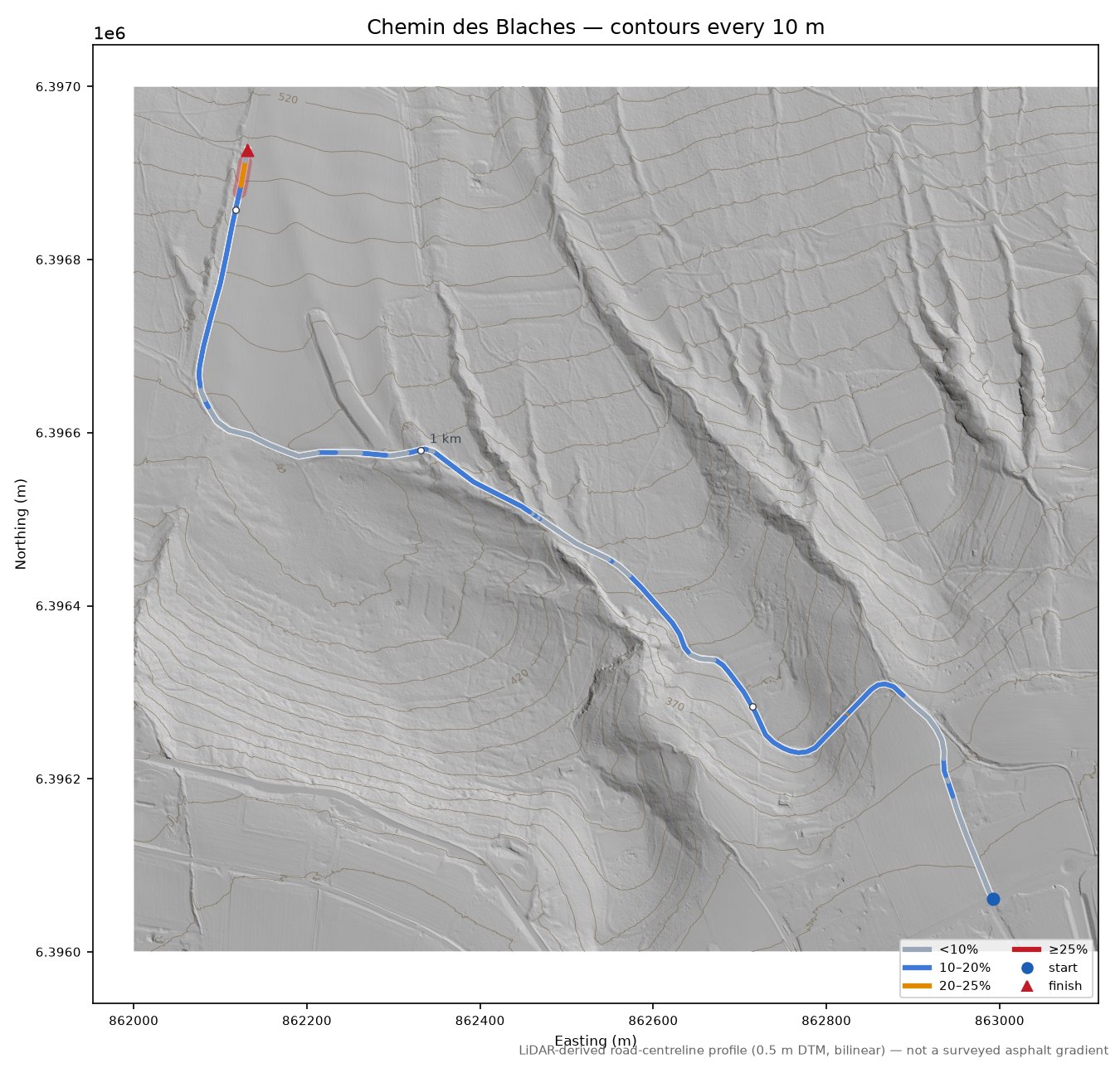 Chemin des Blaches LiDAR hillshade map with contours