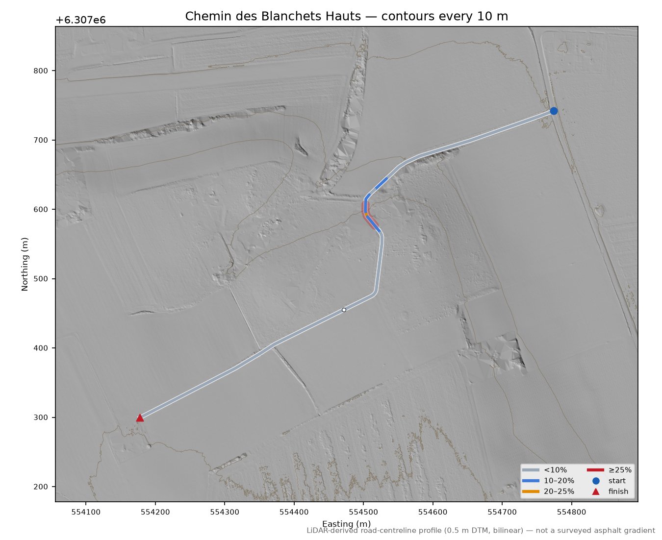 Chemin des Blanchets Hauts LiDAR hillshade map with contours
