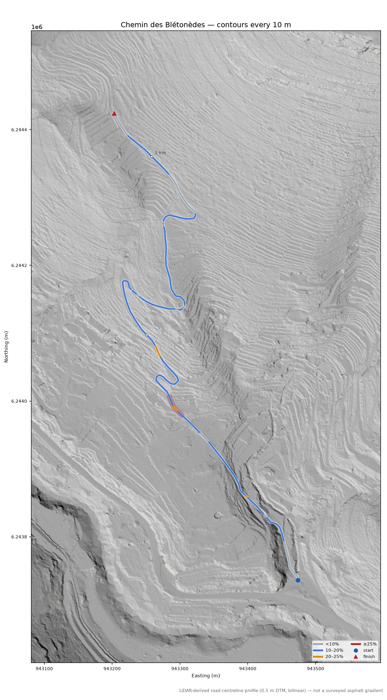 Chemin des Blétonèdes LiDAR hillshade map with contours