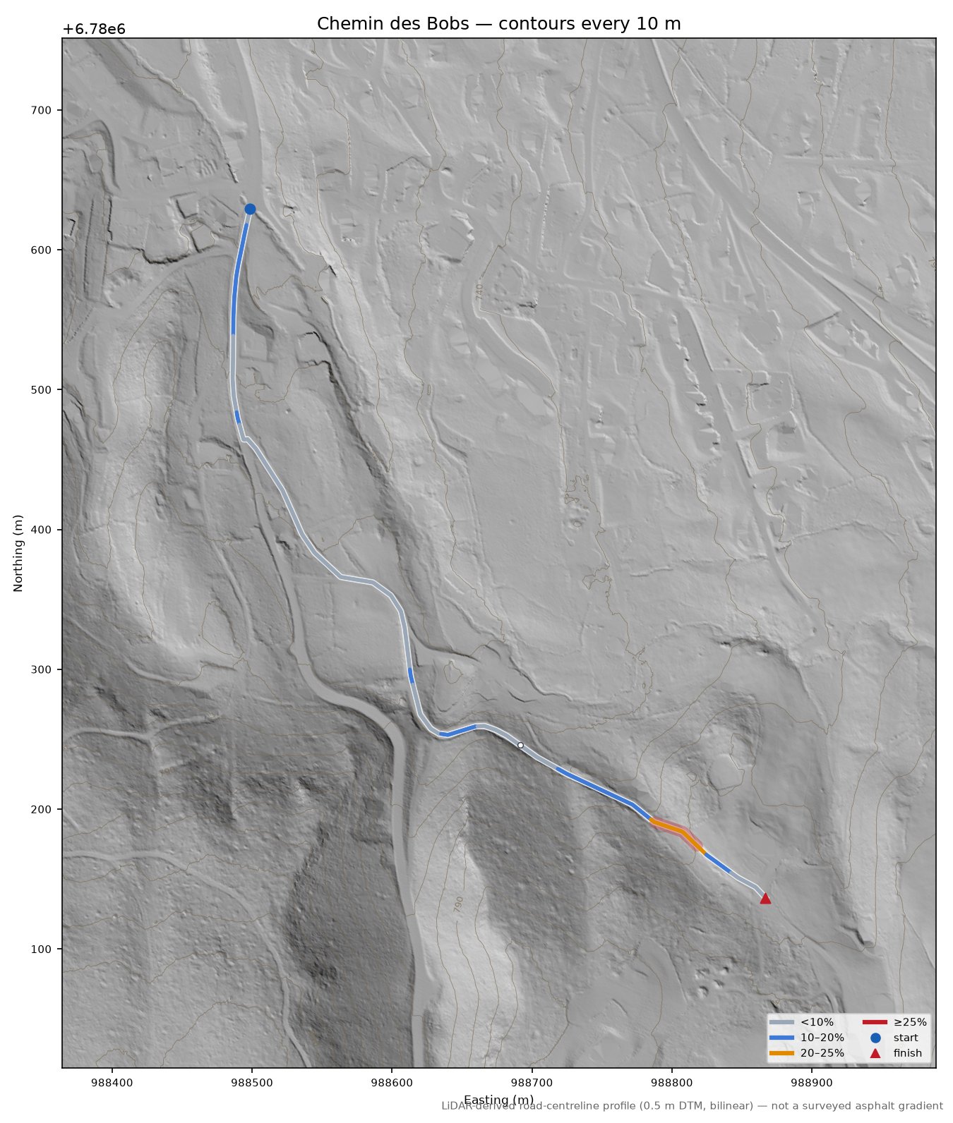 Chemin des Bobs LiDAR hillshade map with contours