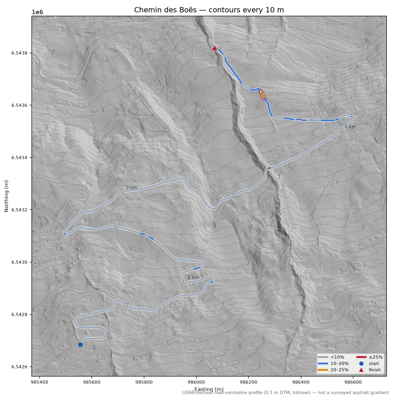 Chemin des Boës LiDAR hillshade map with contours