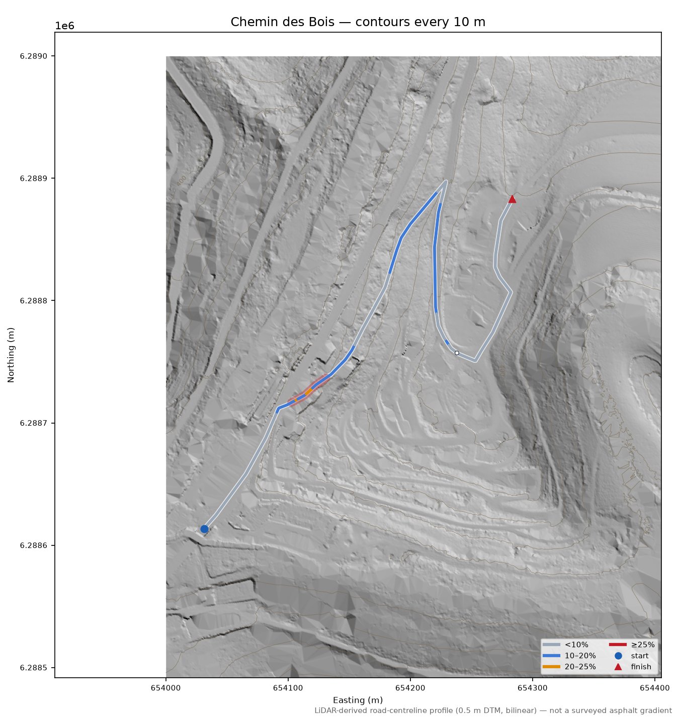 Chemin des Bois LiDAR hillshade map with contours