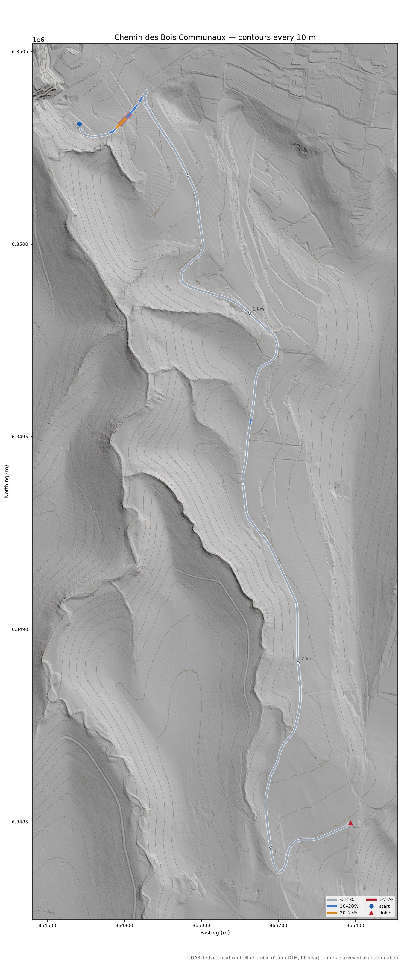 Chemin des Bois Communaux LiDAR hillshade map with contours