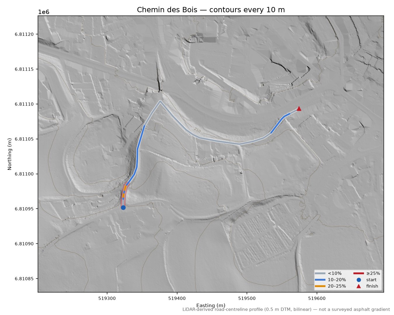 Chemin des Bois LiDAR hillshade map with contours