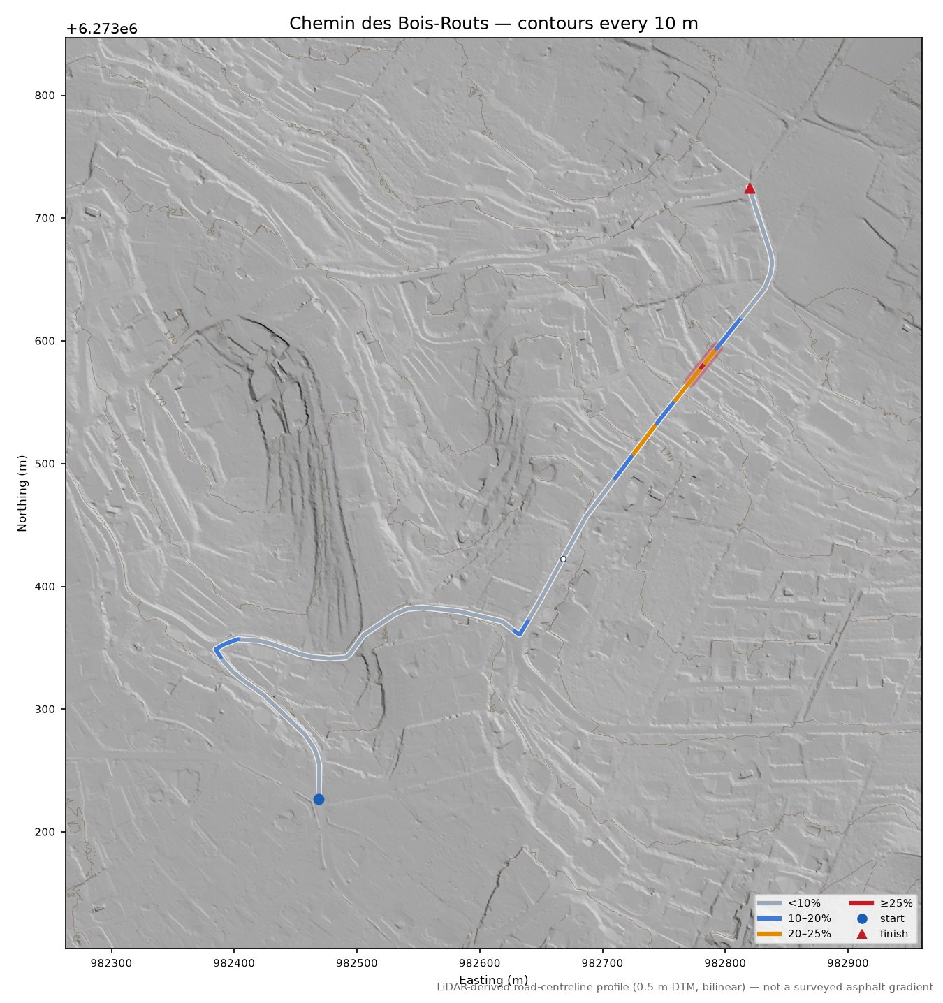 Chemin des Bois-Routs LiDAR hillshade map with contours