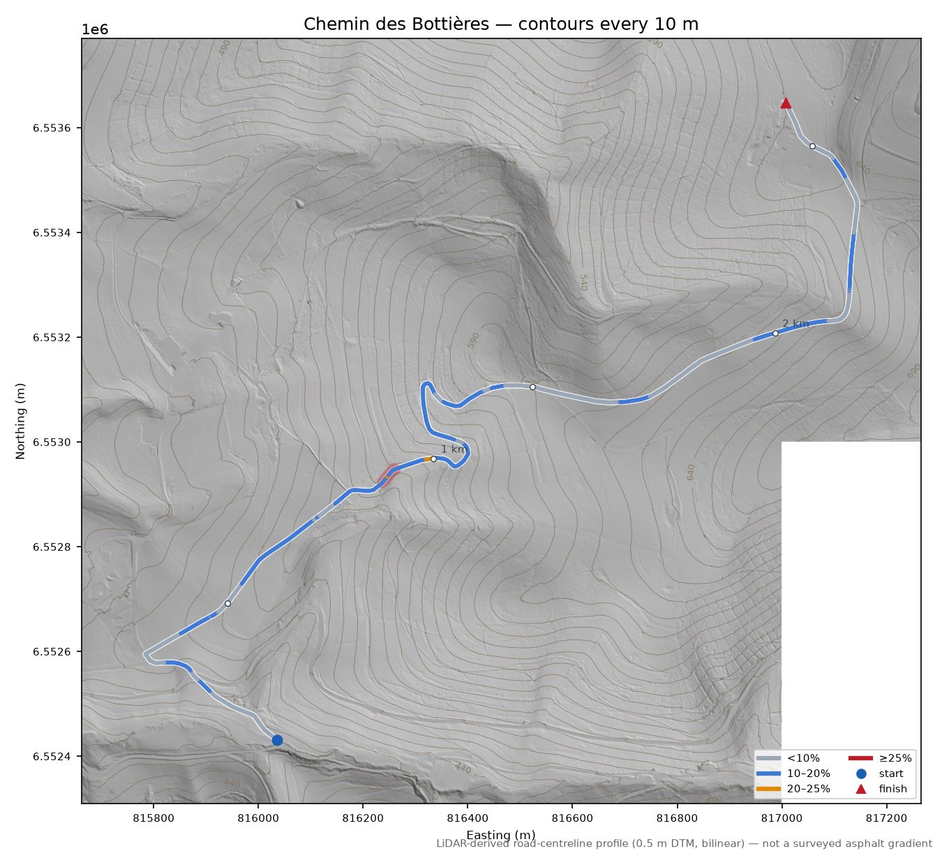 Chemin des Bottières LiDAR hillshade map with contours