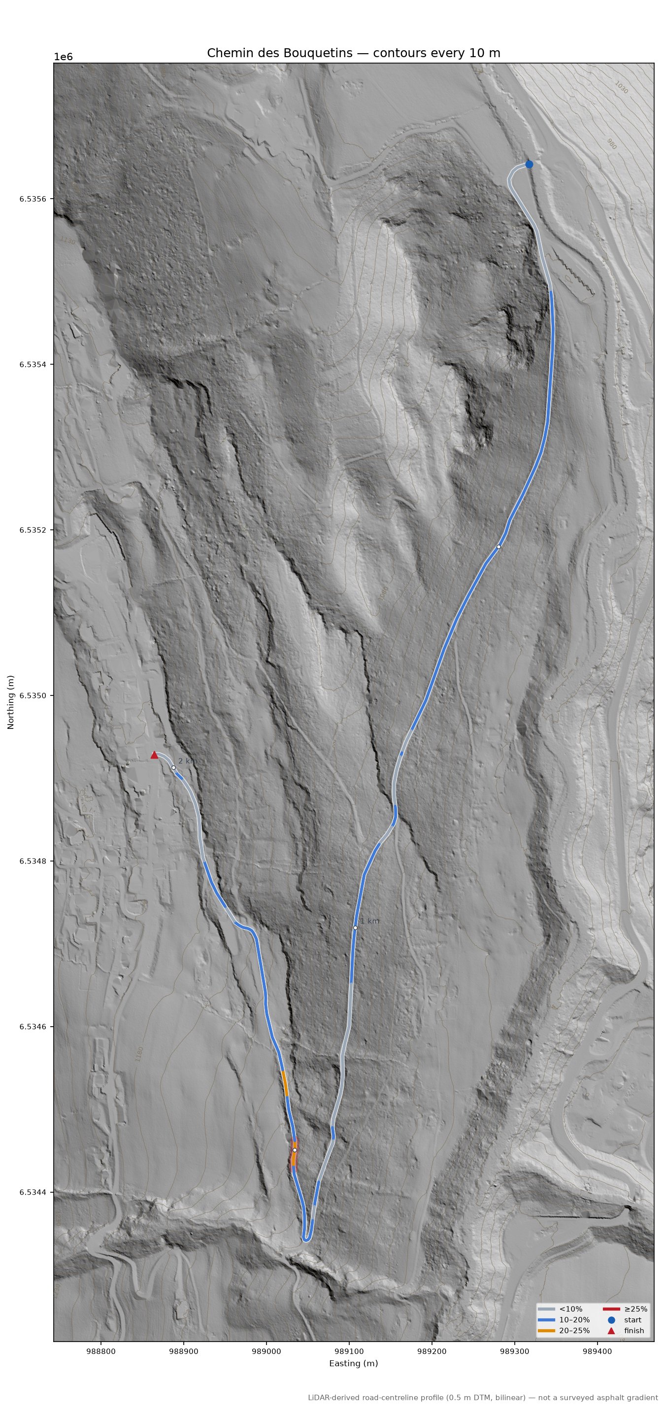 Chemin des Bouquetins LiDAR hillshade map with contours