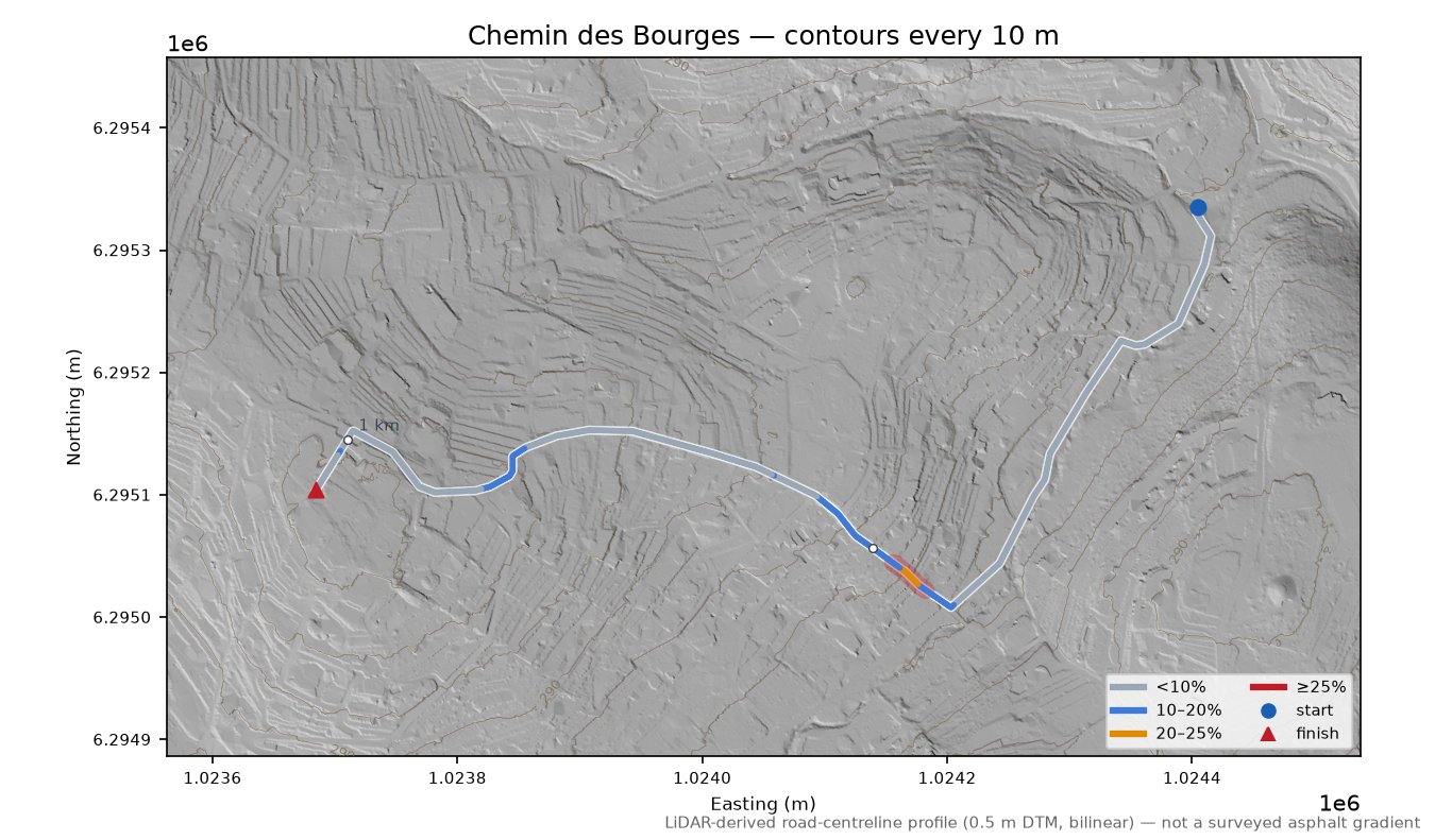 Chemin des Bourges LiDAR hillshade map with contours