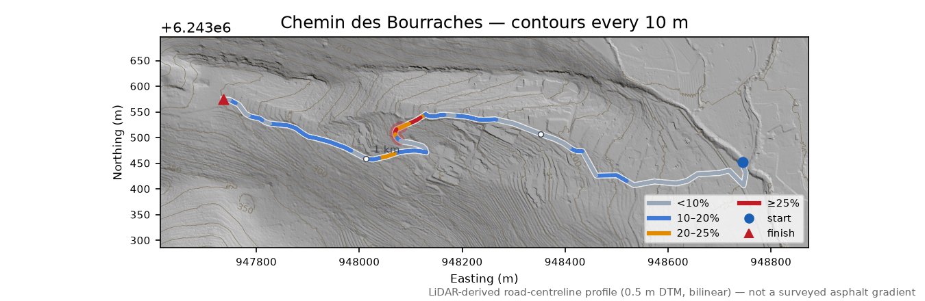 Chemin des Bourraches LiDAR hillshade map with contours