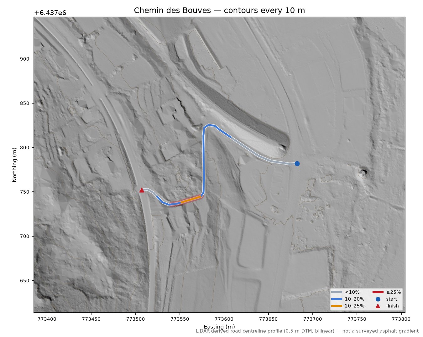Chemin des Bouves LiDAR hillshade map with contours