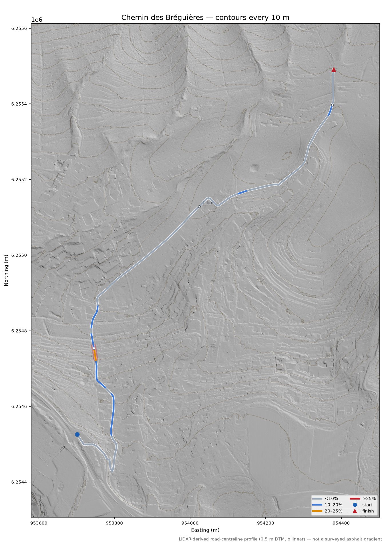 Chemin des Bréguières LiDAR hillshade map with contours