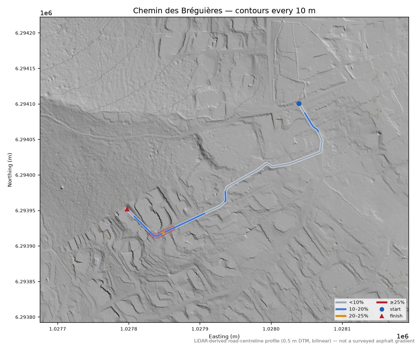 Chemin des Bréguières LiDAR hillshade map with contours