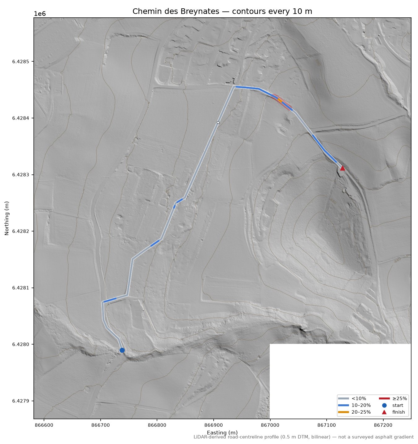 Chemin des Breynates LiDAR hillshade map with contours
