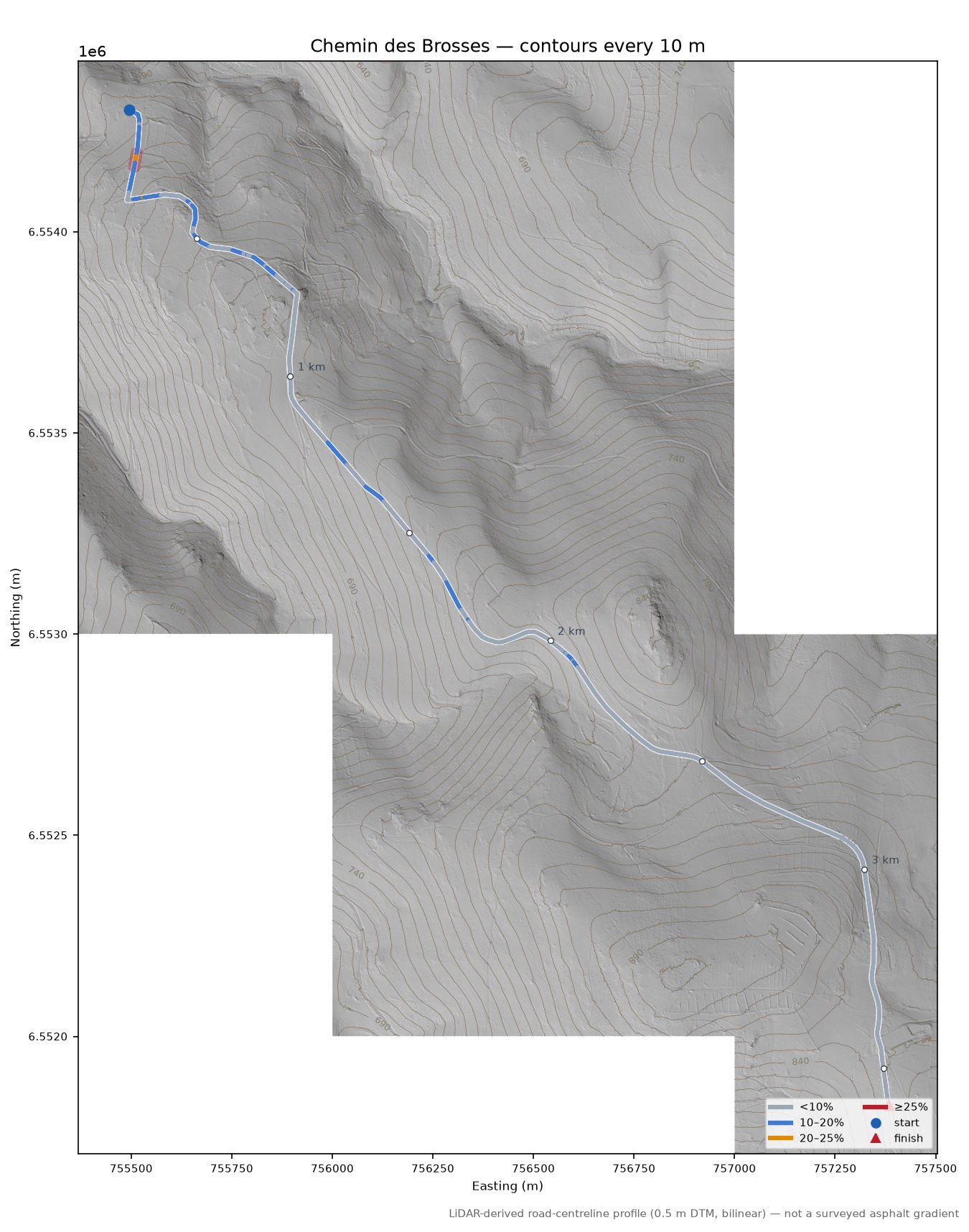 Chemin des Brosses LiDAR hillshade map with contours