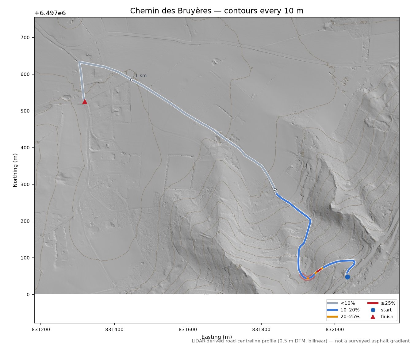 Chemin des Bruyères LiDAR hillshade map with contours