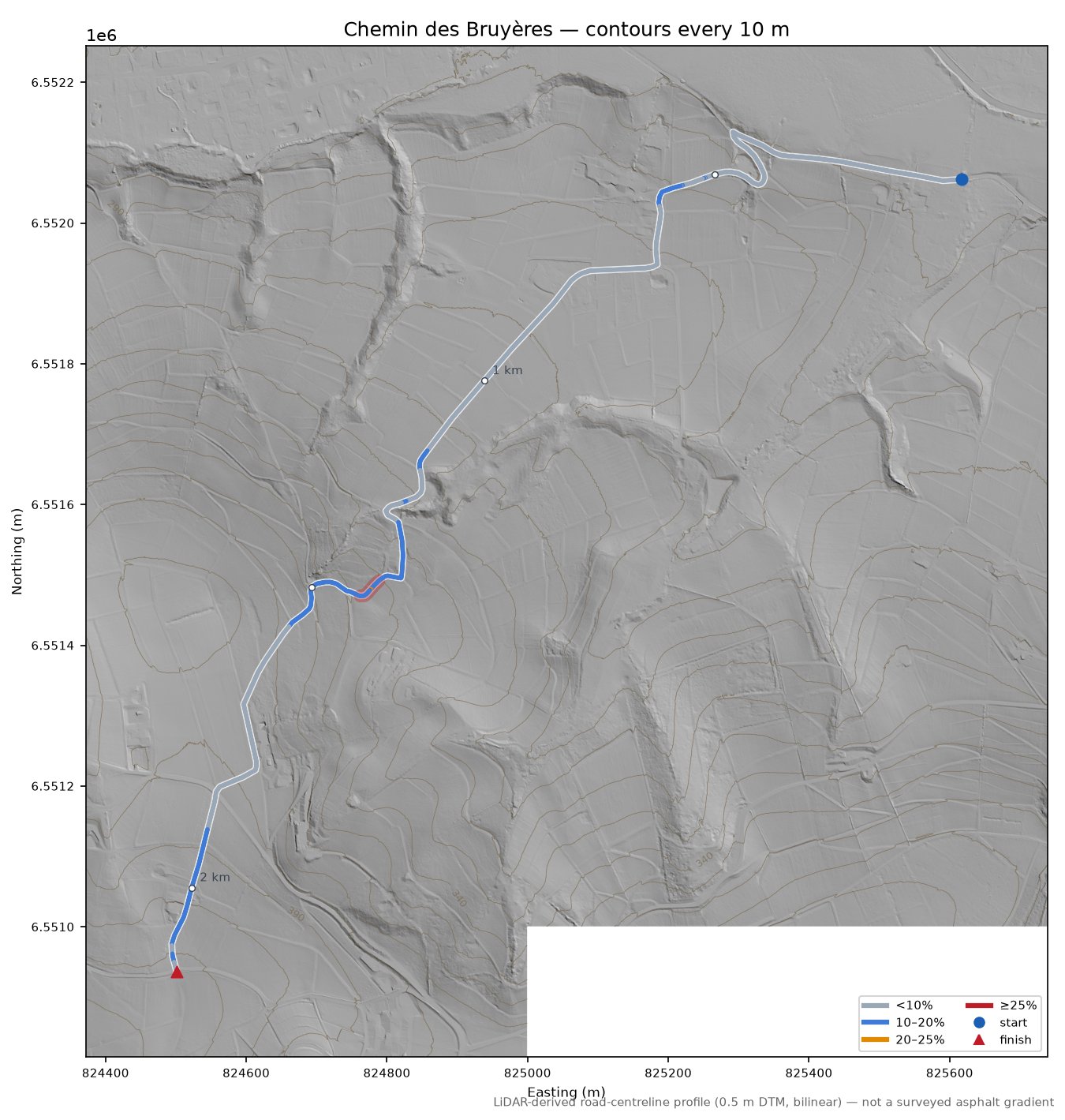 Chemin des Bruyères LiDAR hillshade map with contours