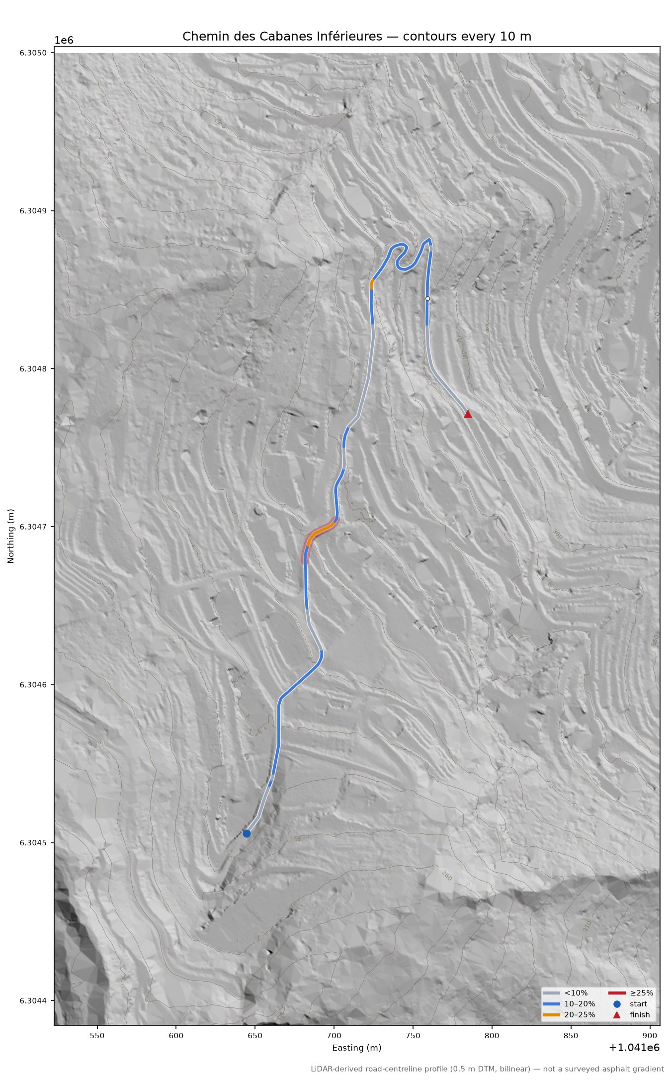 Chemin des Cabanes Inférieures LiDAR hillshade map with contours