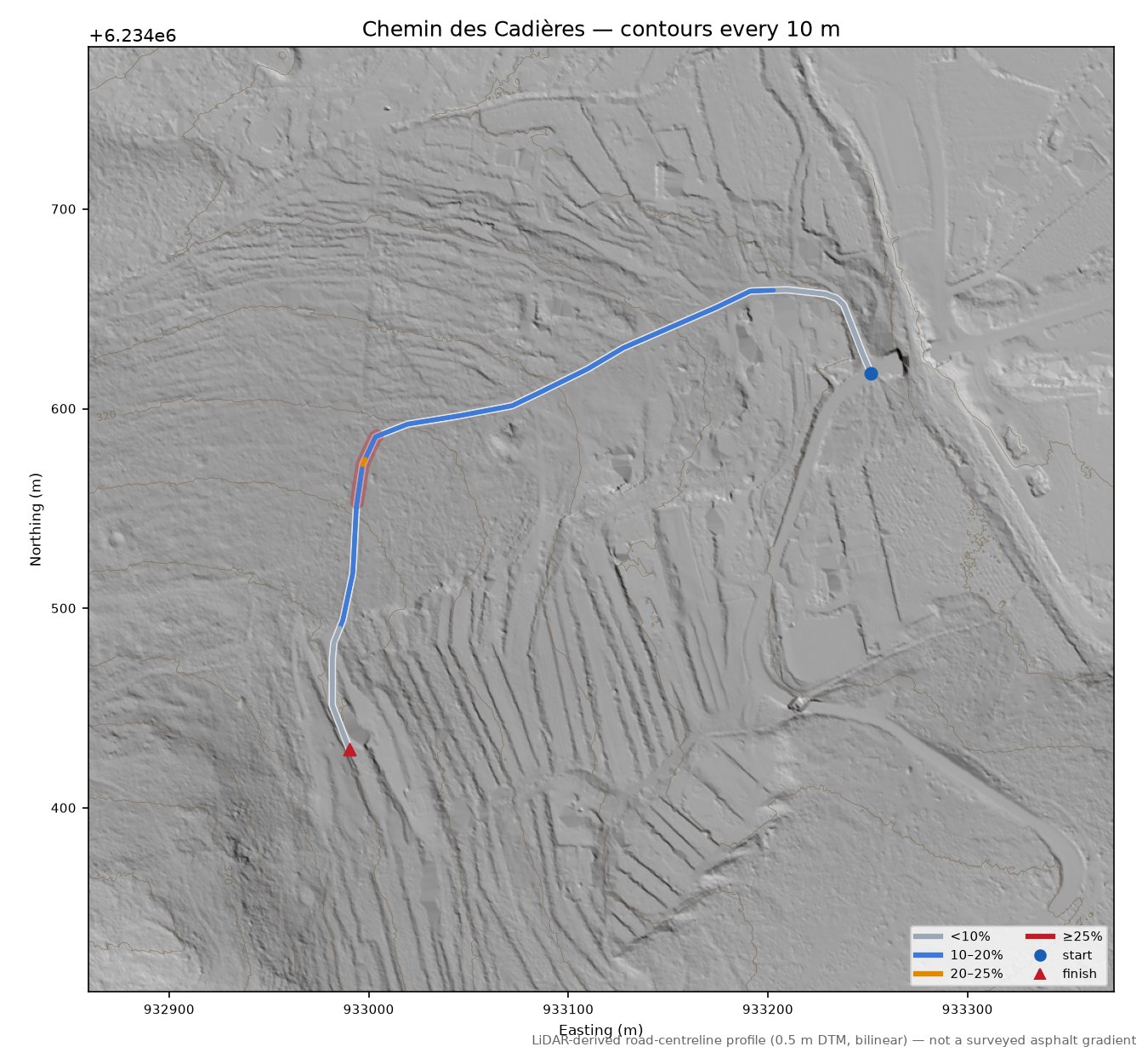 Chemin des Cadières LiDAR hillshade map with contours