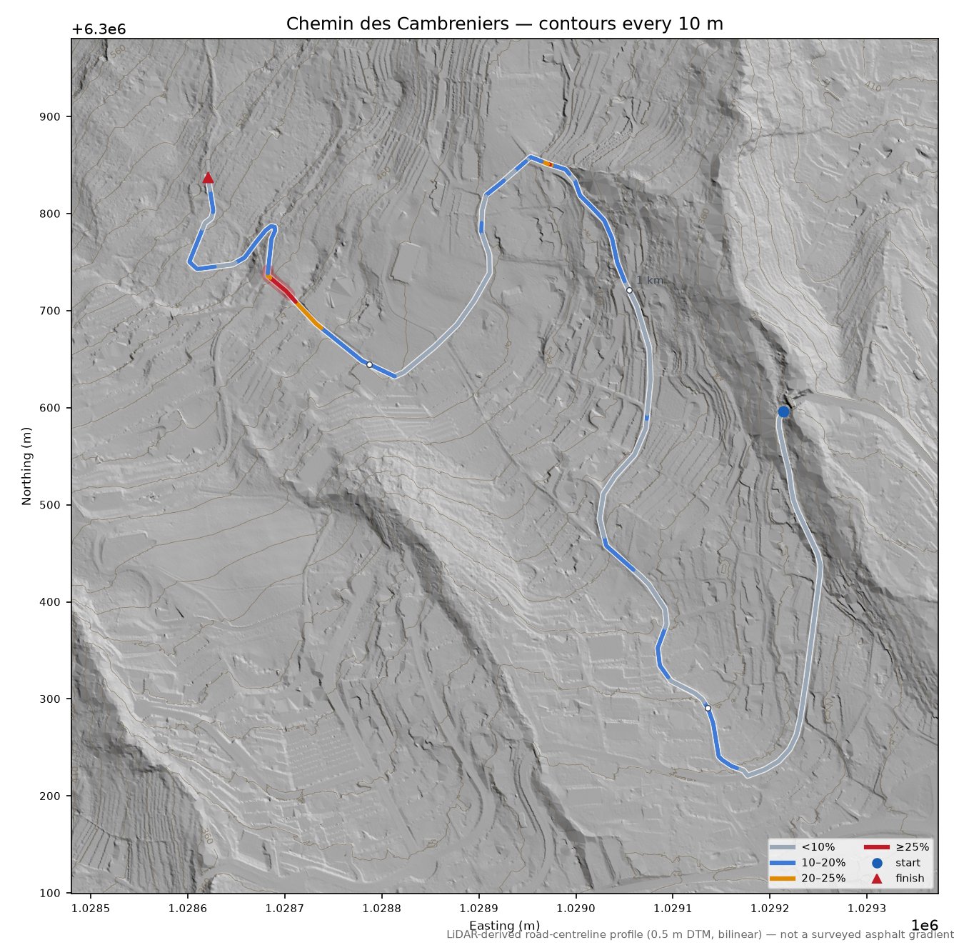 Chemin des Cambreniers LiDAR hillshade map with contours