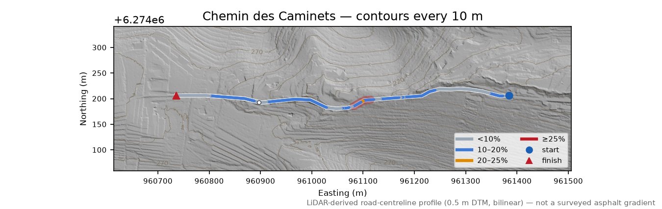 Chemin des Caminets LiDAR hillshade map with contours