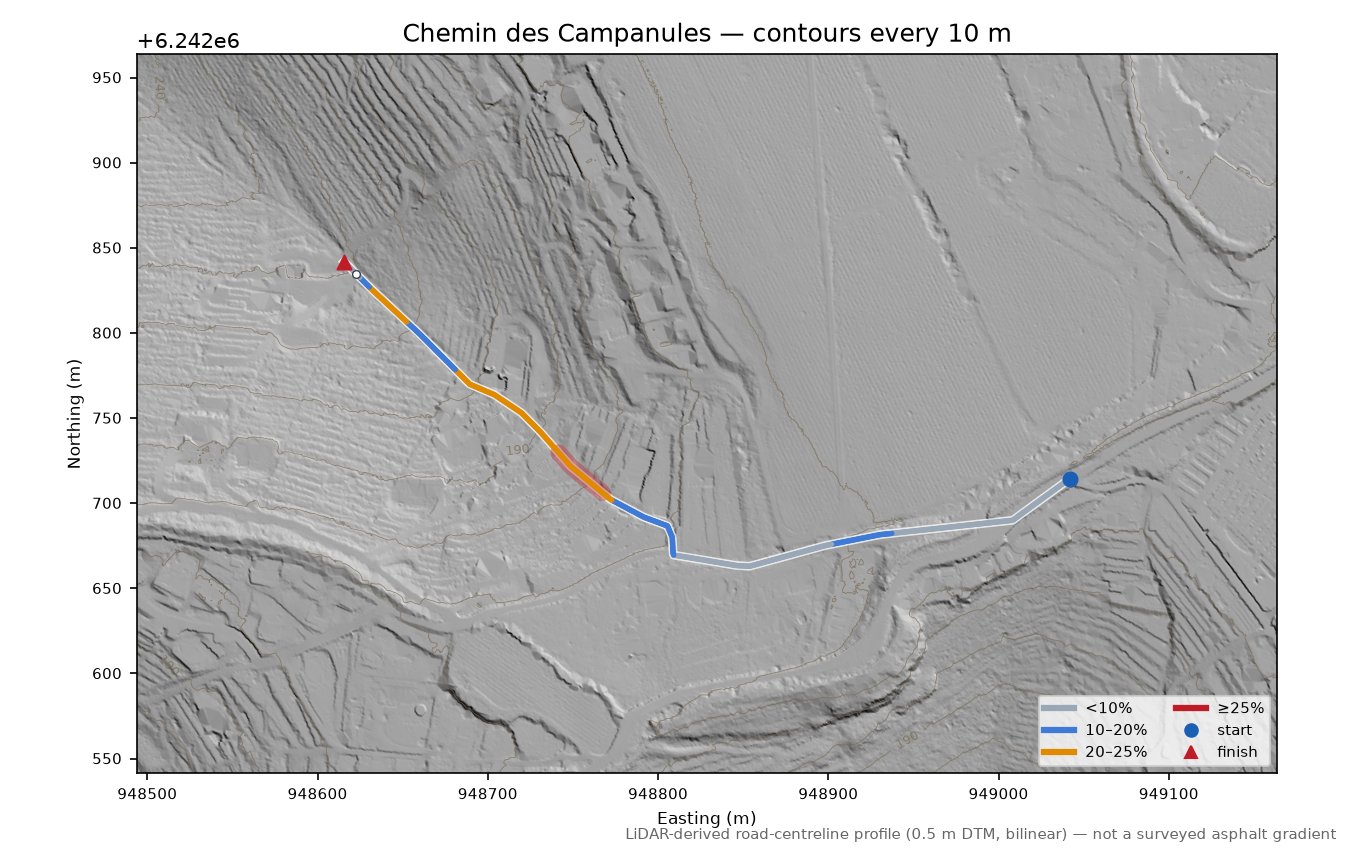 Chemin des Campanules LiDAR hillshade map with contours
