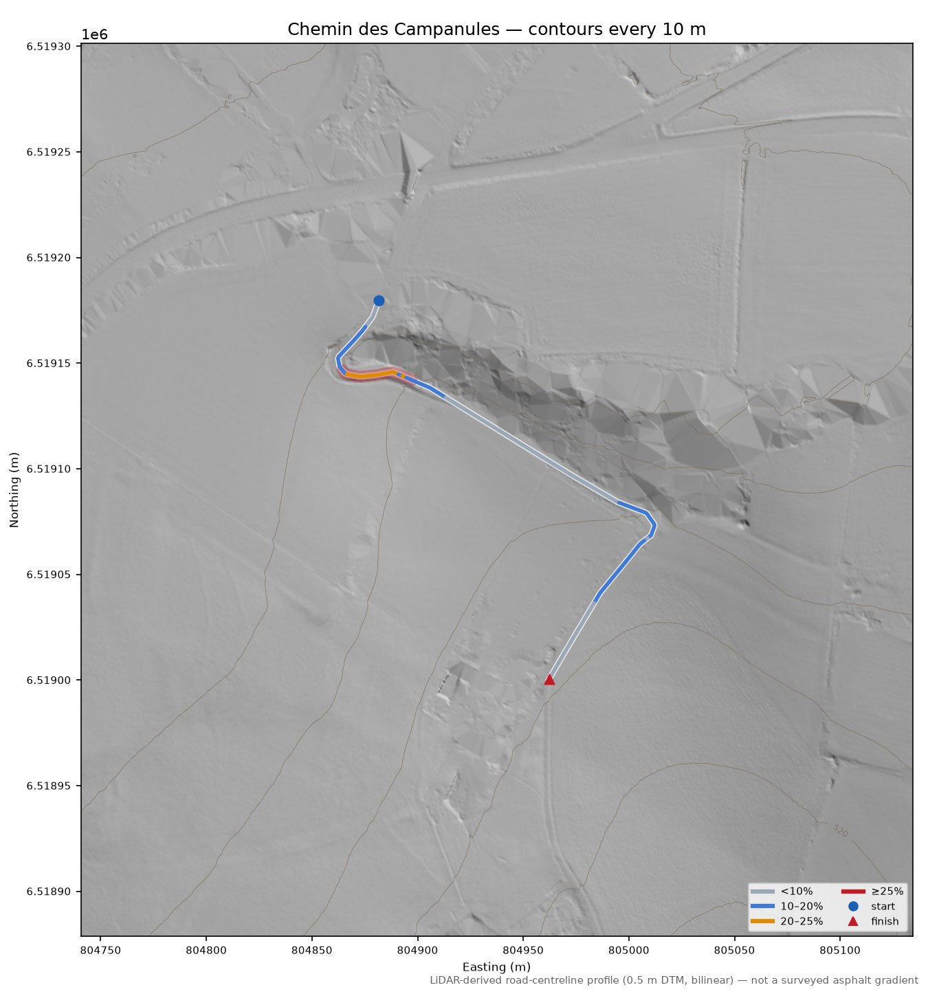 Chemin des Campanules LiDAR hillshade map with contours