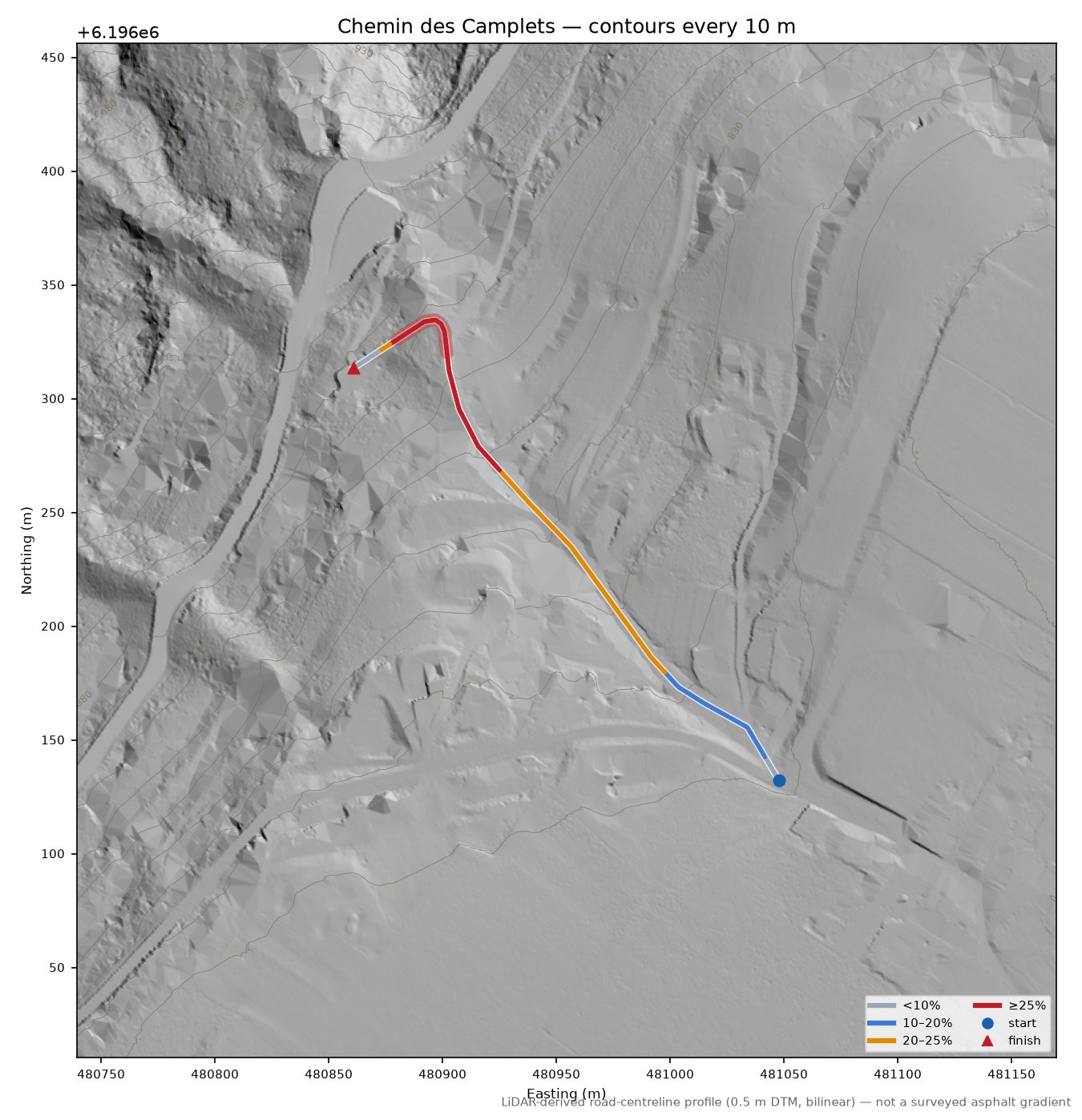 Chemin des Camplets LiDAR hillshade map with contours