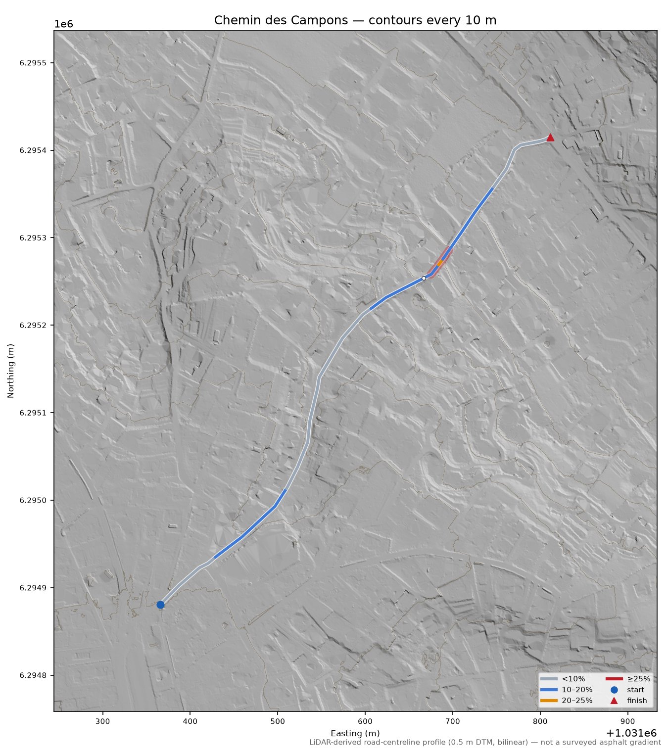 Chemin des Campons LiDAR hillshade map with contours