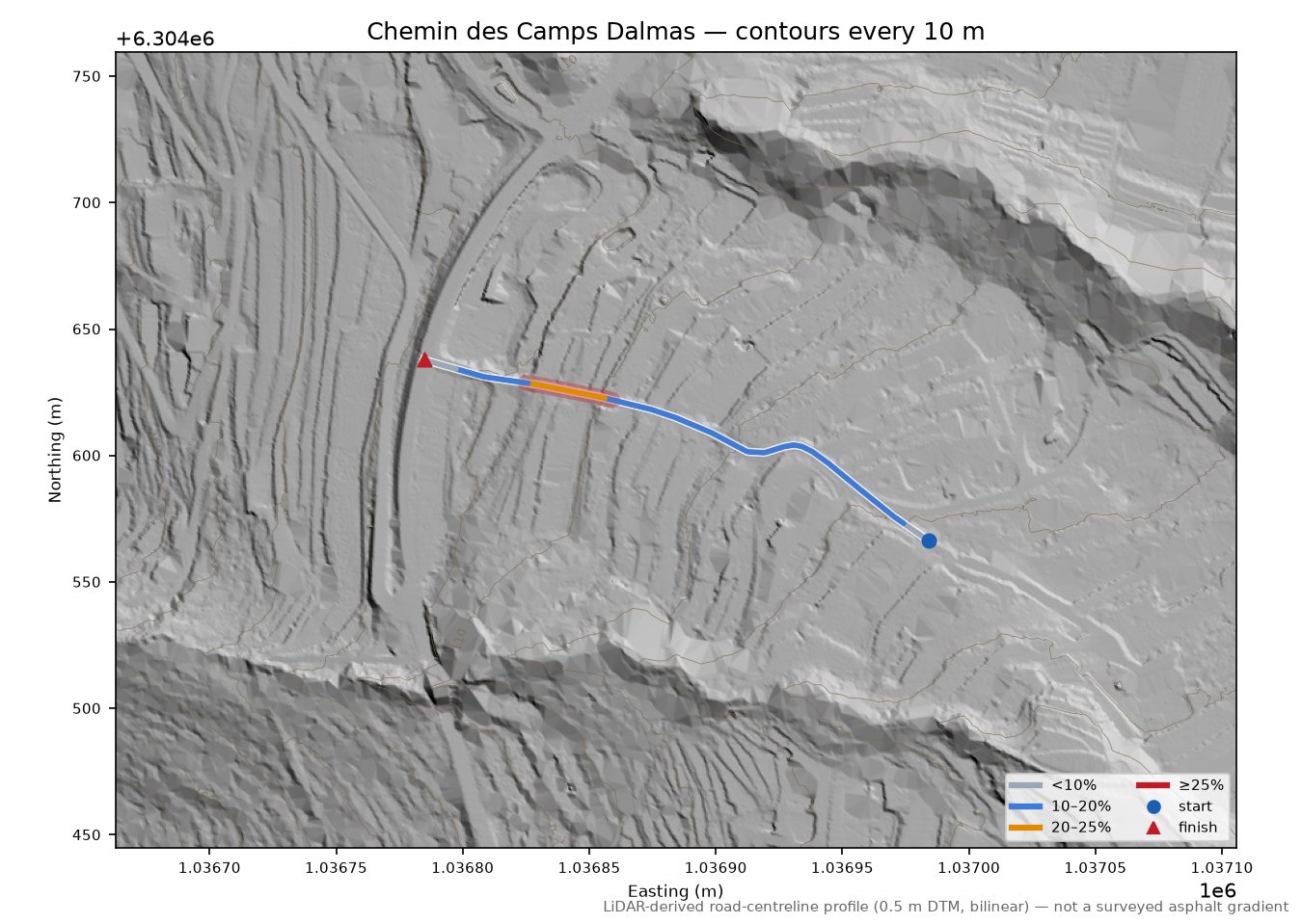 Chemin des Camps Dalmas LiDAR hillshade map with contours