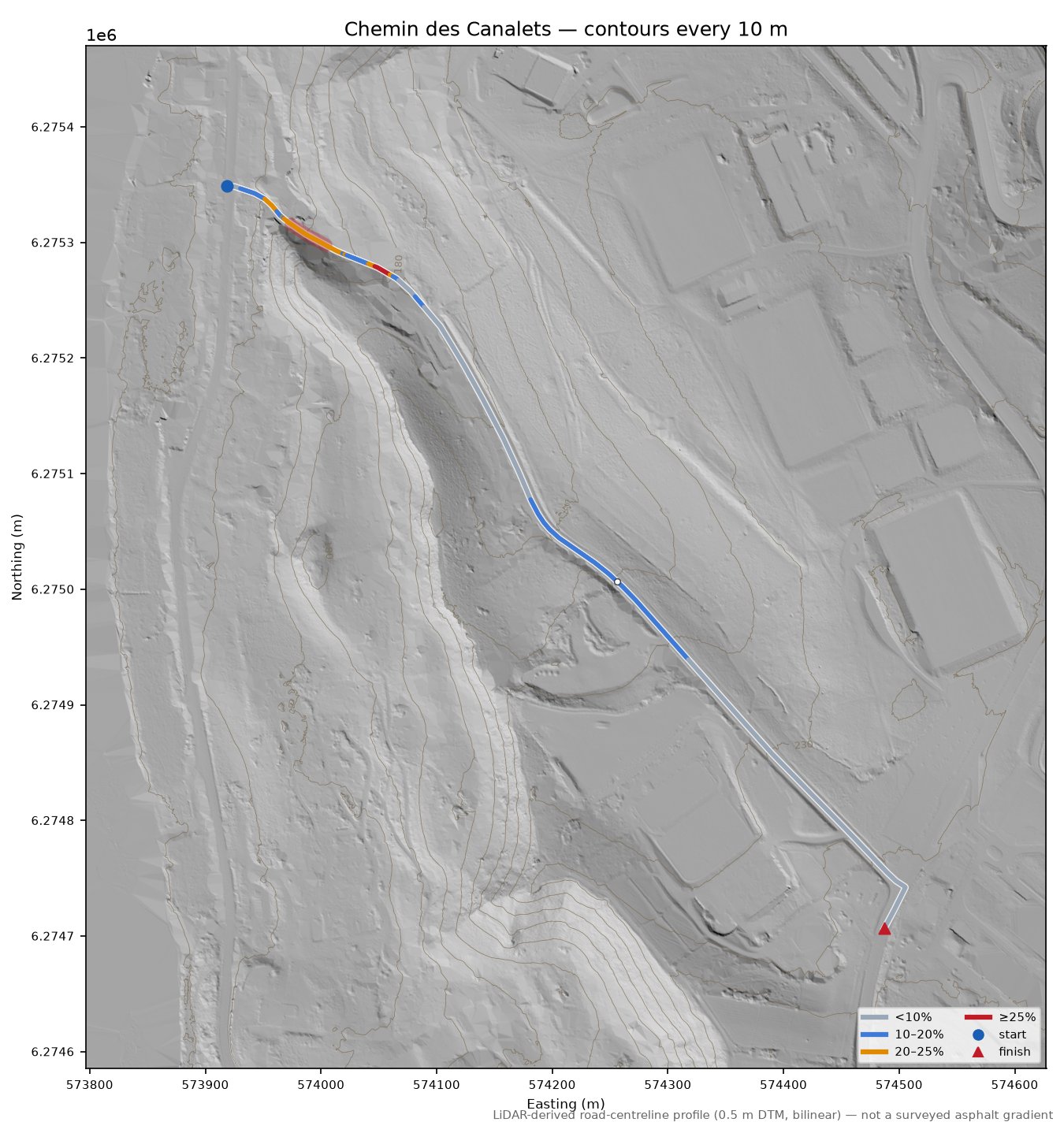 Chemin des Canalets LiDAR hillshade map with contours