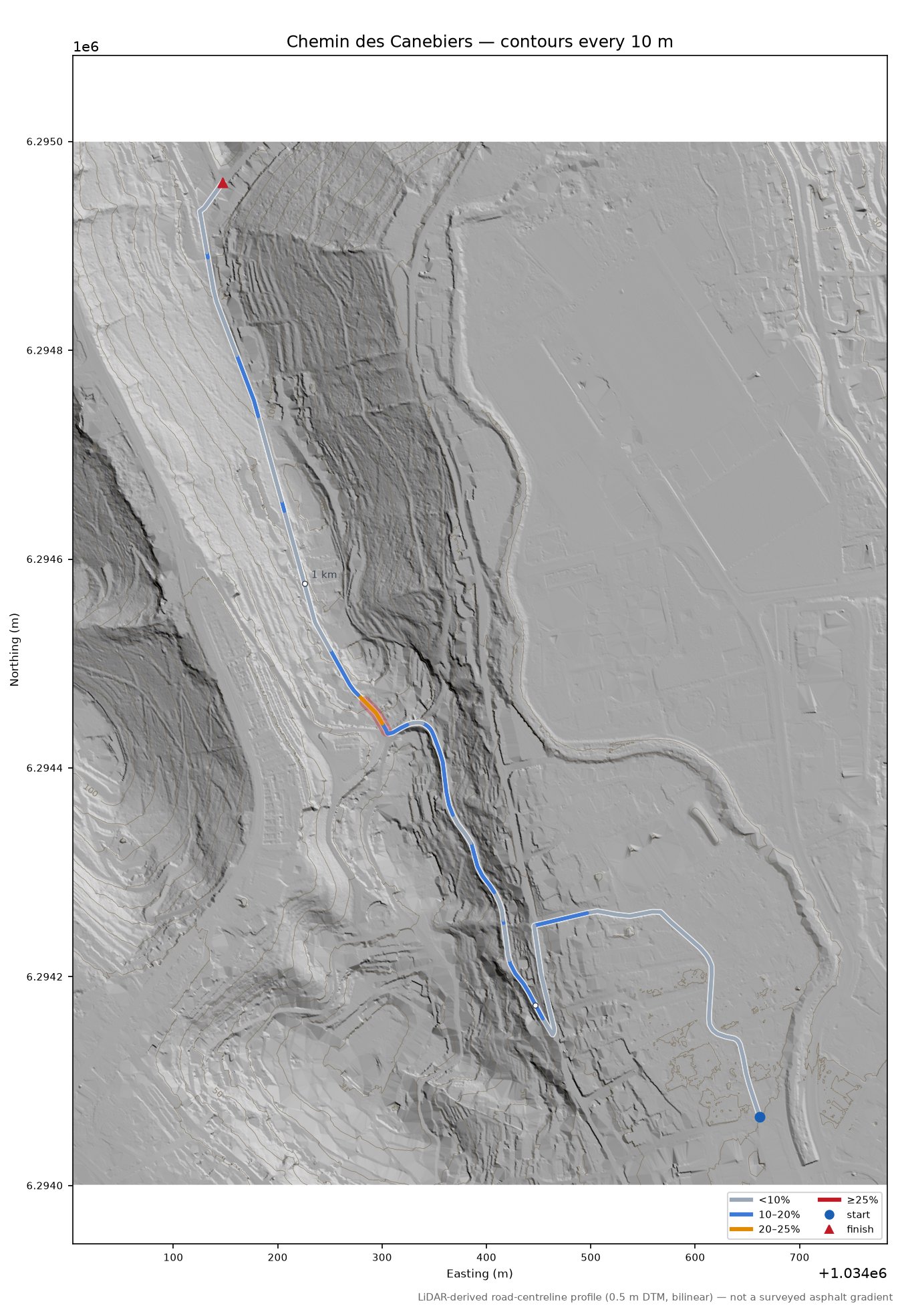 Chemin des Canebiers LiDAR hillshade map with contours