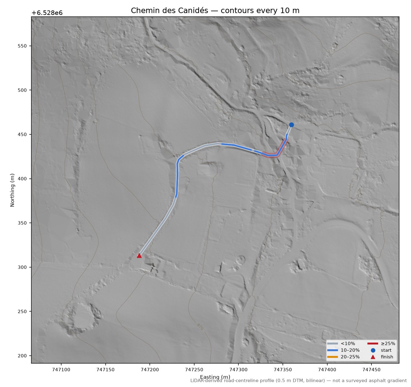 Chemin des Canidés LiDAR hillshade map with contours