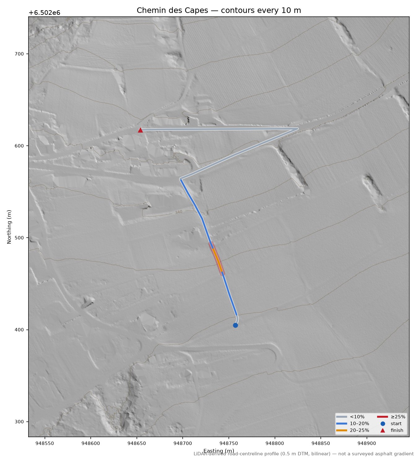 Chemin des Capes LiDAR hillshade map with contours