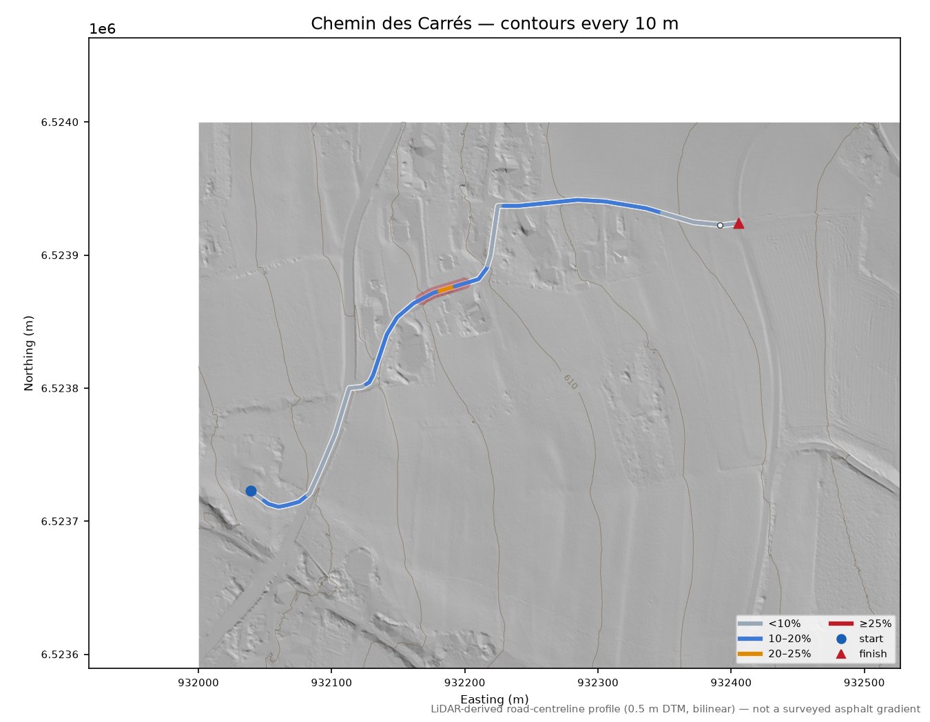 Chemin des Carrés LiDAR hillshade map with contours